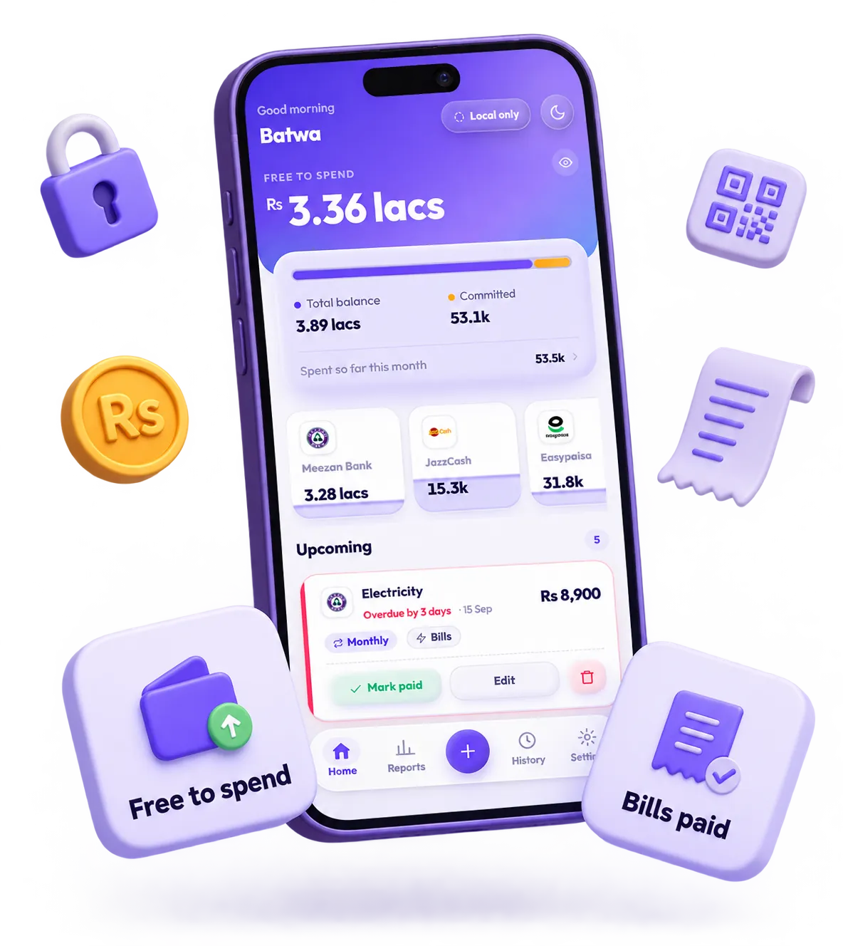 The Batwa home screen floating between clay tiles for free-to-spend and bills paid